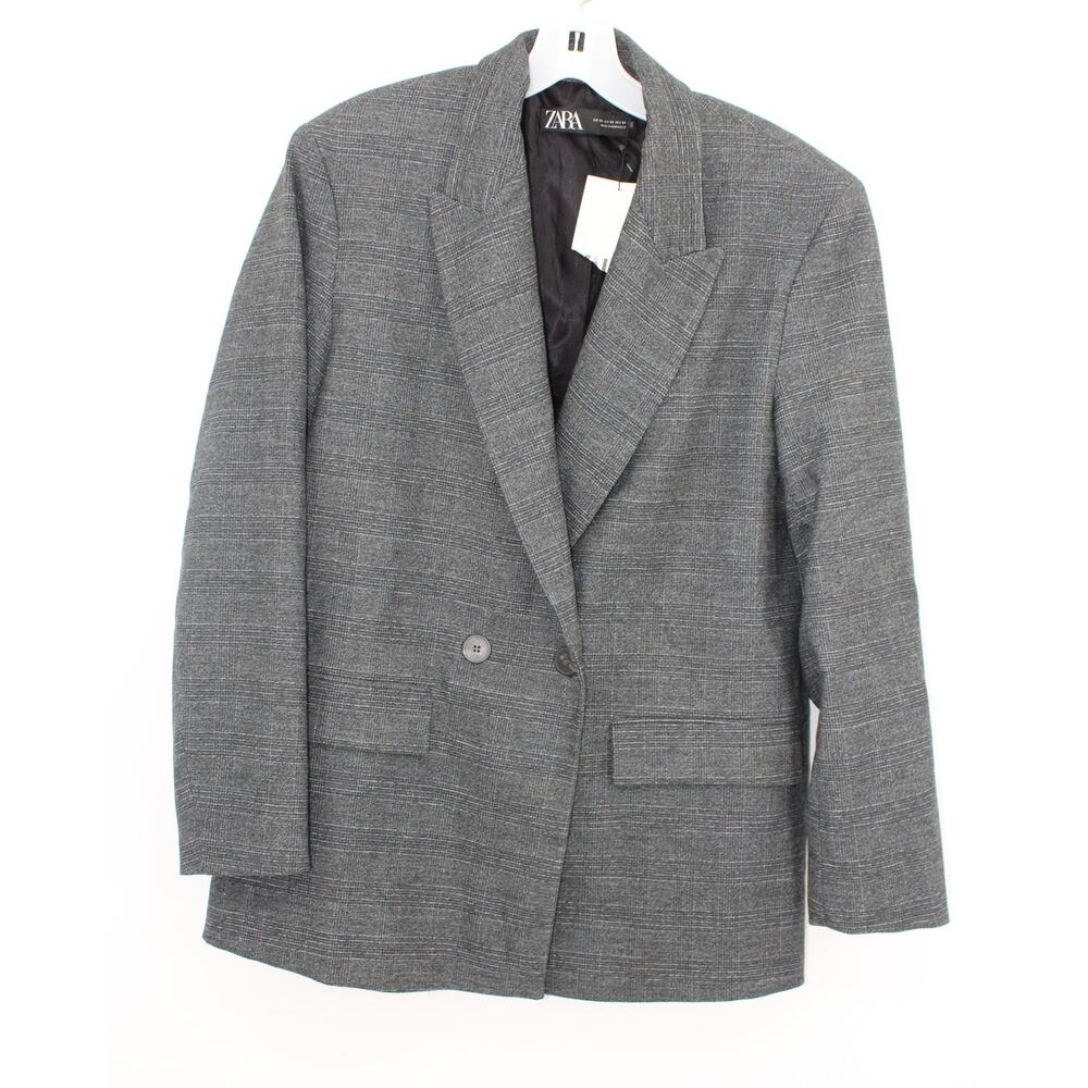 ZARA Blazer Women Notched Lapel Double Breasted XS Gray Plaid NEW
